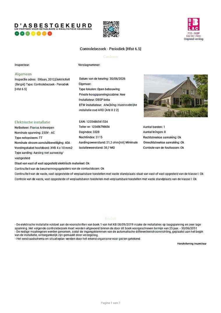 Voorbeeld van een keuringsverslag van een elektrische installatie